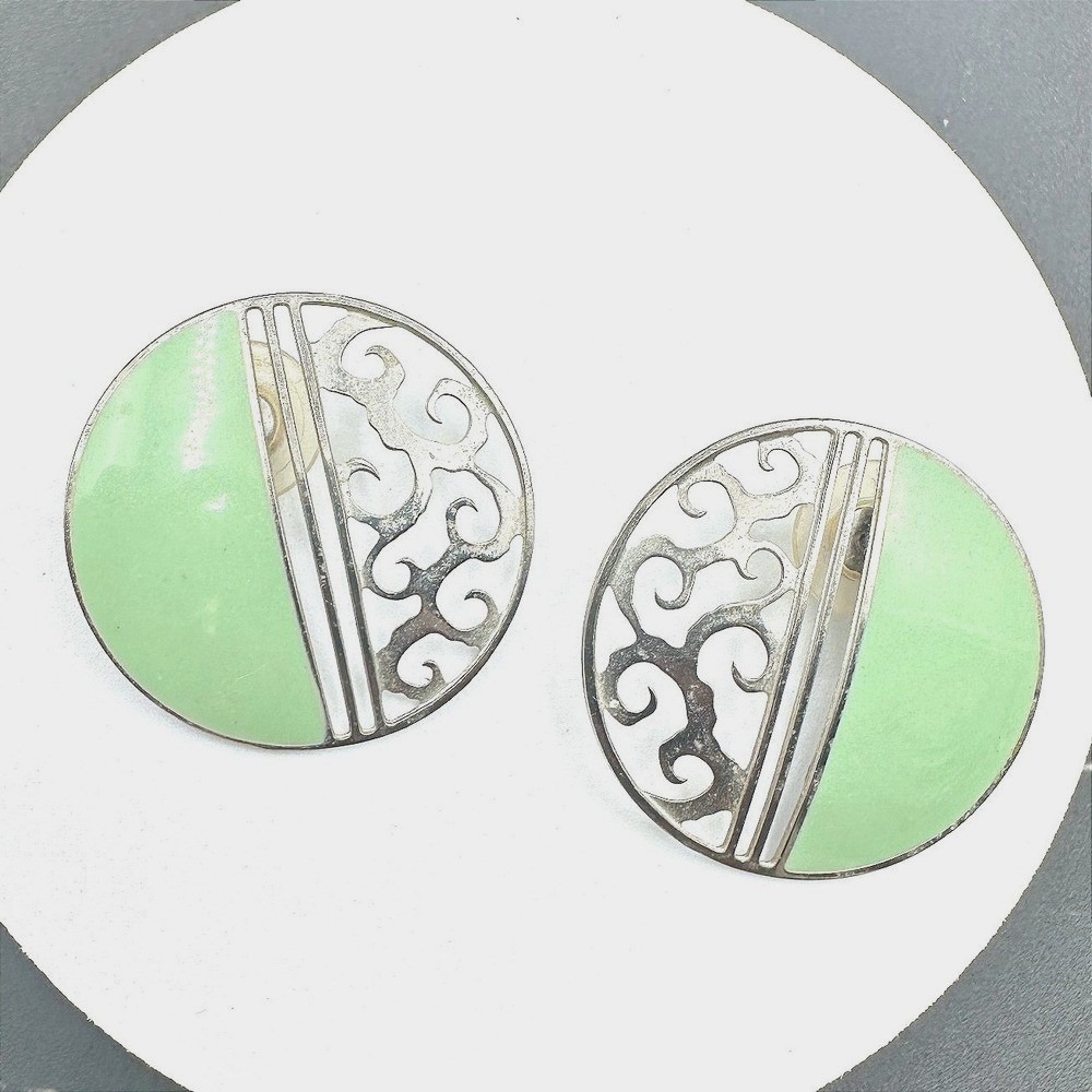 Vintage Round Mint Green Enamel Silver Tone Filigree‎ Statement Earrings